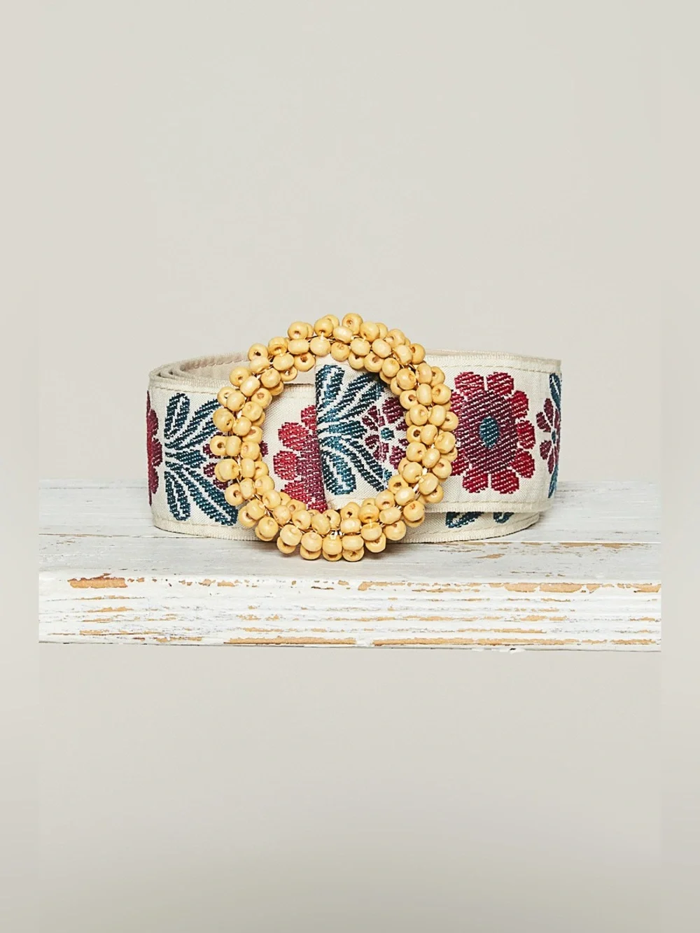 POL Embroidered Floral Belt with Beaded Buckle - Red, Teal, Cream